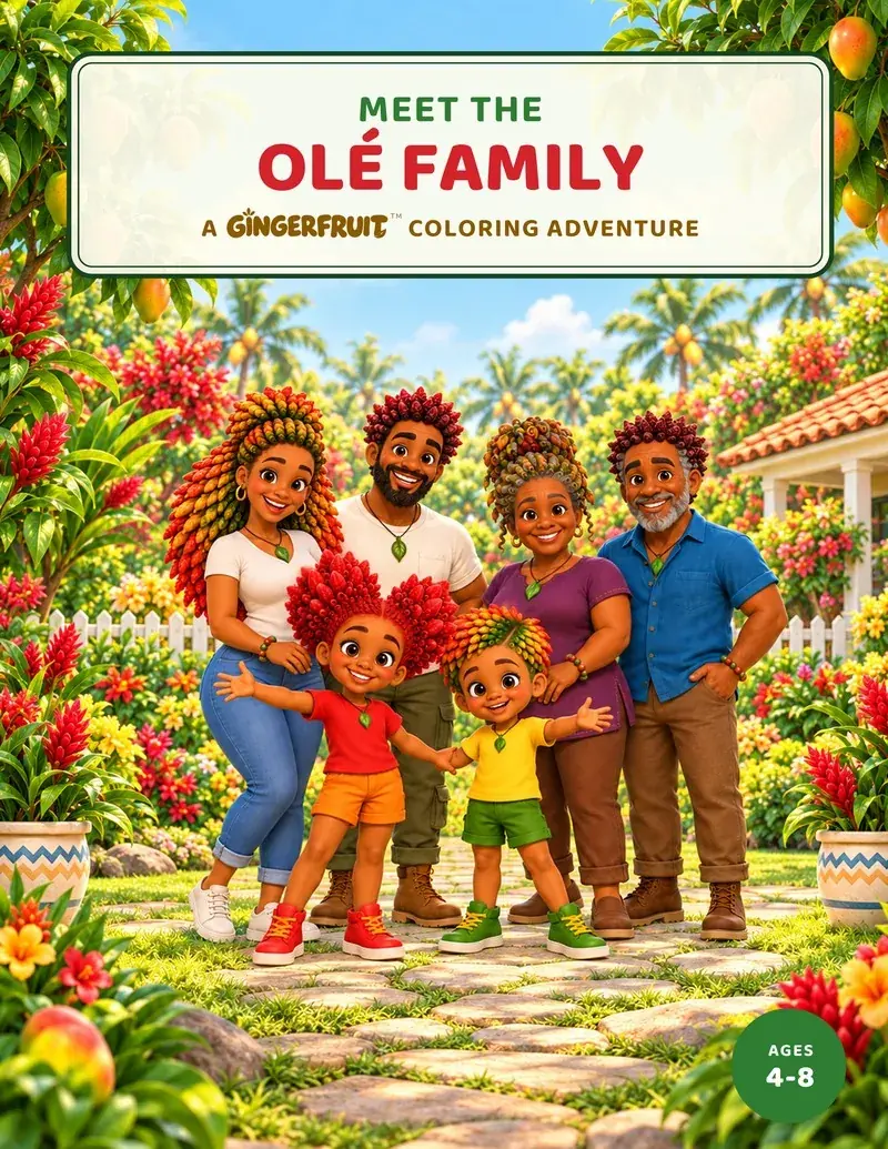 Front cover of Meet the Olé Family: A GingerFruit Coloring Adventure, showing the six members of the Olé family in their garden.
