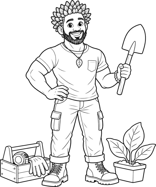 Coloring page art: line drawing of Dad Olé holding a shovel.
