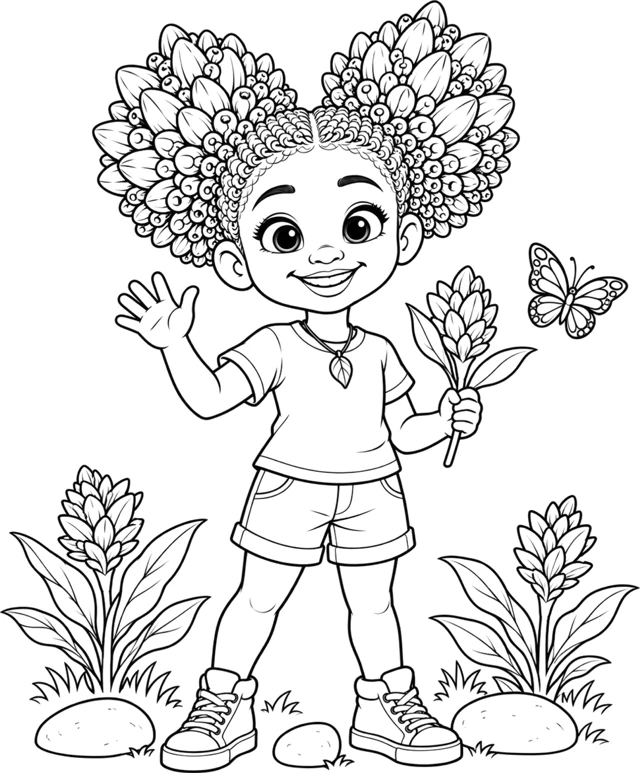 Coloring page art: line drawing of Ginger-O waving, holding a ginger flower.
