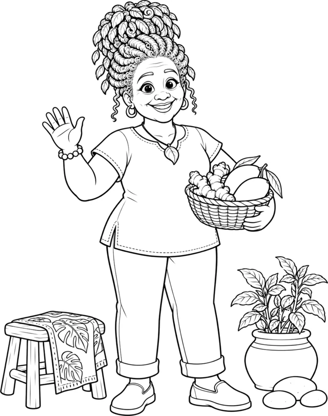 Coloring page art: line drawing of Grandma Olé waving, carrying a basket of fruit.