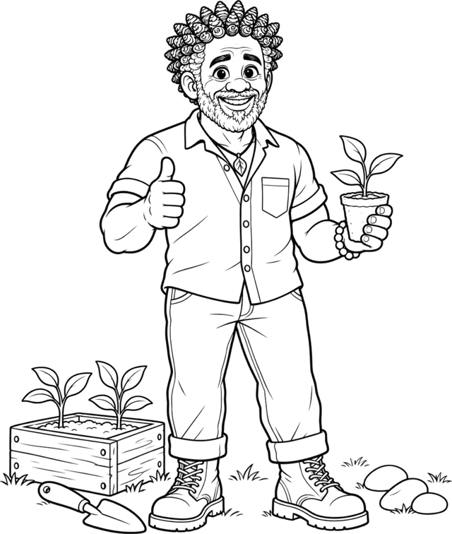 Coloring page art: line drawing of Grandpa Olé giving a thumbs up, holding a seedling.