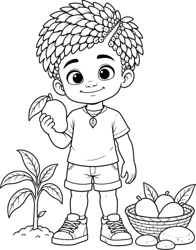Coloring page art: line drawing of Mang-O holding a mango.