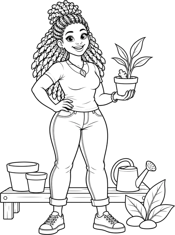 Coloring page art: line drawing of Mom Olé holding a potted seedling.