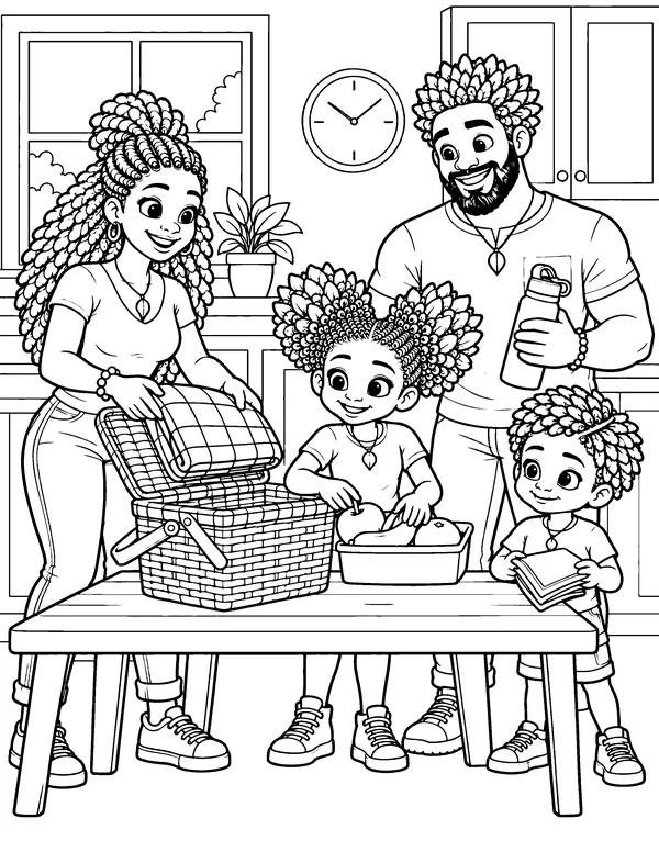 Coloring page: Mom, Dad, Ginger-O and Mang-O pack a picnic basket together.