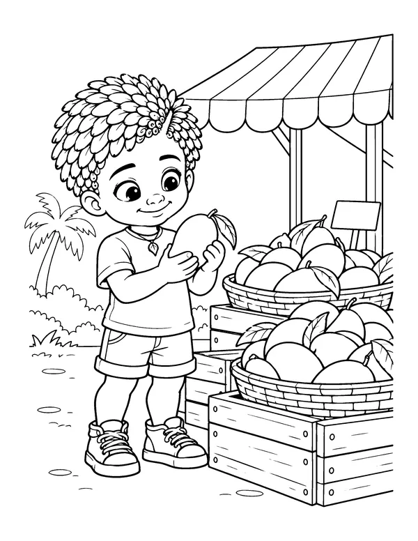 Coloring page: Mang-O picks out a ripe mango at a market stand piled with fruit.