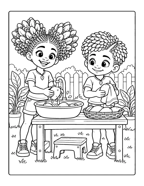 Coloring page: Ginger-O and Mang-O wash fruit together at an outdoor table.