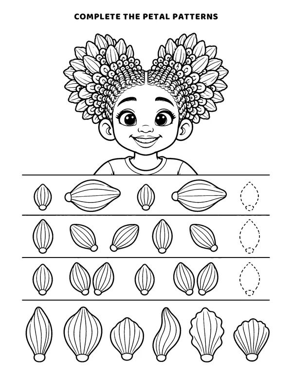 Activity page: finish each row of petal patterns under a smiling Ginger-O.