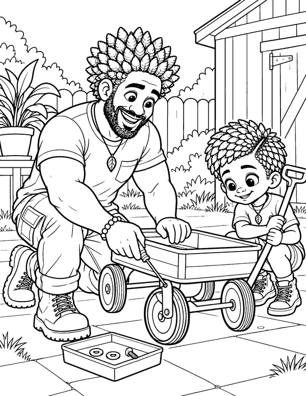 Coloring page: Dad and Mang-O fix the wheel of a little wagon.