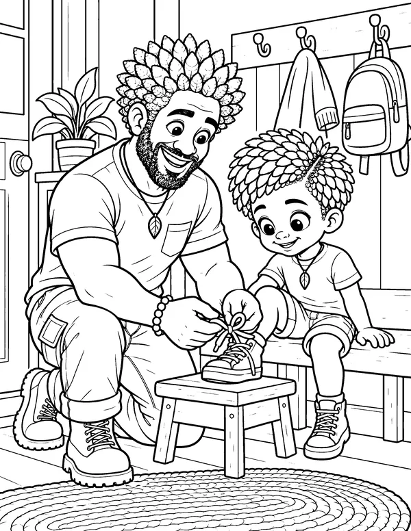 Coloring page: Dad kneels to teach Mang-O how to tie his shoelaces.