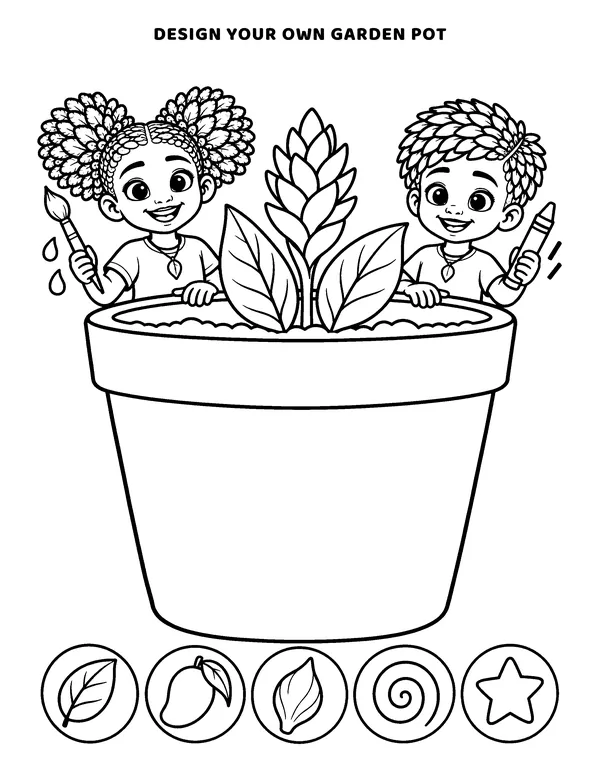 Activity page: a large empty flower pot to decorate, with Ginger-O and Mang-O holding paintbrushes.