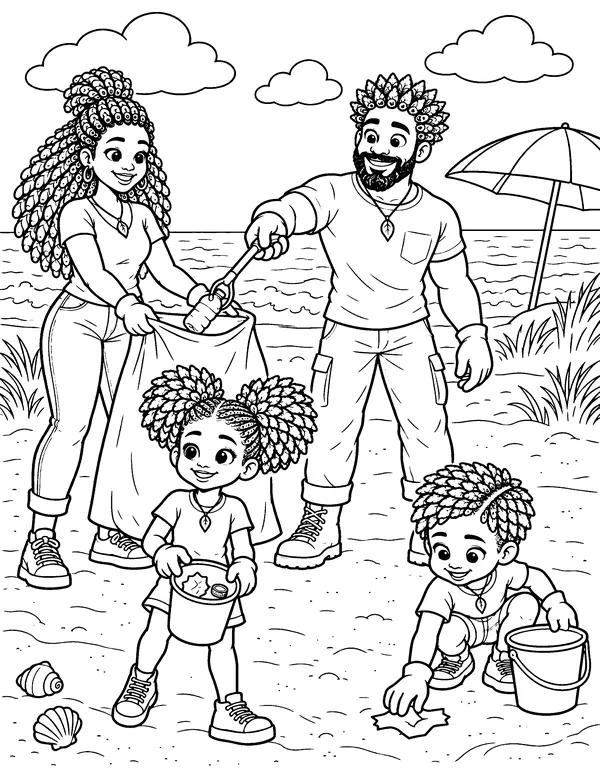 Coloring page: The family picks up litter on the beach with bags and buckets.
