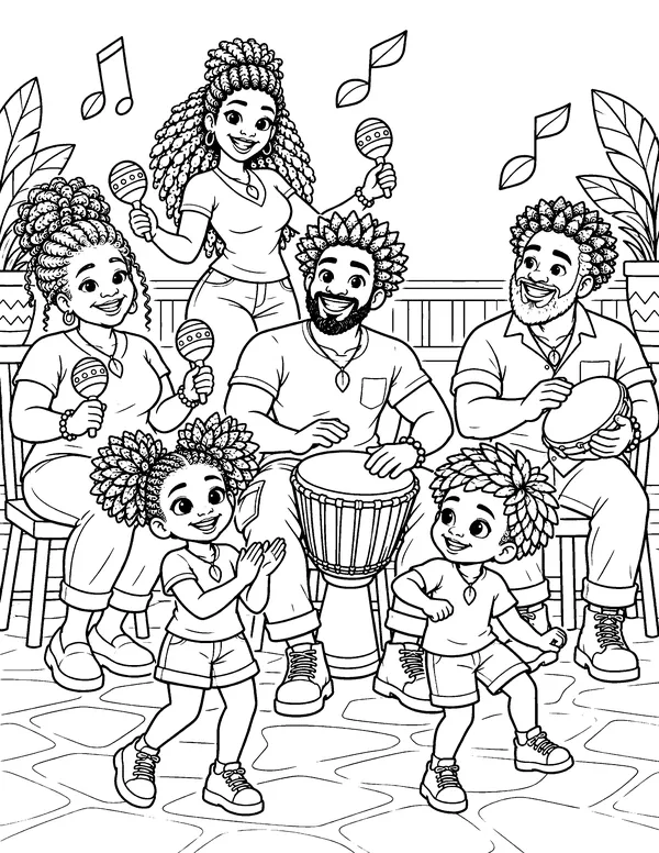 Coloring page: The whole family plays drums and maracas in a circle while the children dance.