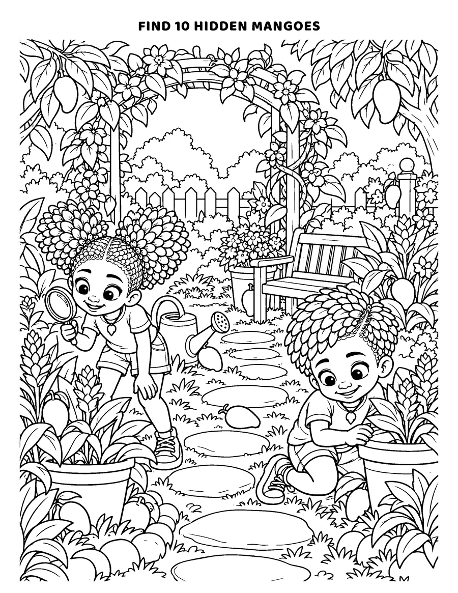 Hidden-picture coloring page: Ginger-O and Mang-O search a garden where ten mangoes are hidden.