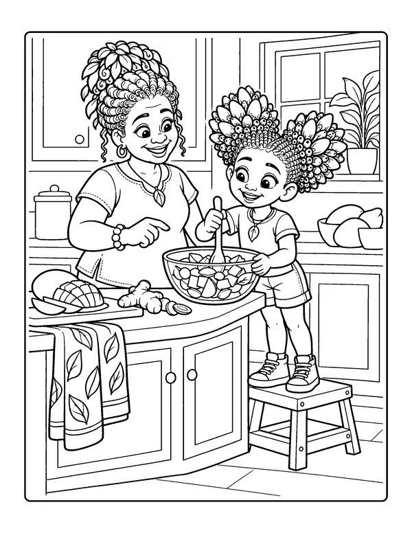 Coloring page: Grandma and Ginger-O stir a bowl of fruit salad together in the kitchen.