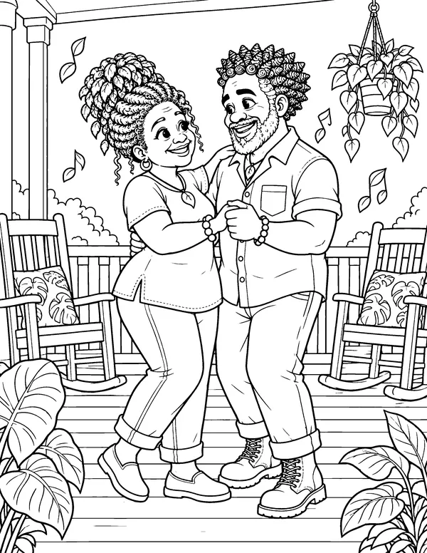 Coloring page: Grandma and Grandpa dance together on the porch.