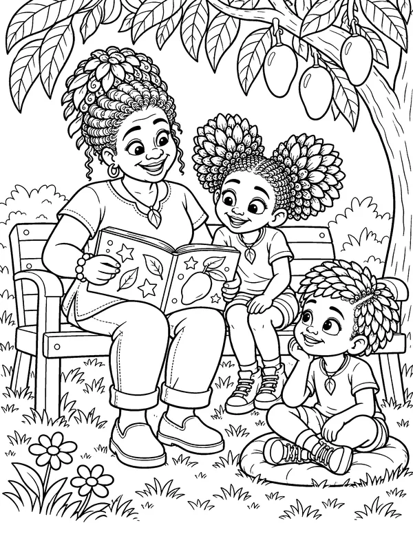 Coloring page: Grandma reads a picture book to Ginger-O and Mang-O under the mango tree.
