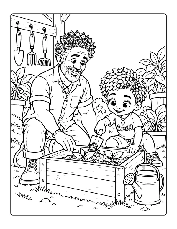 Coloring page: Grandpa and Mang-O plant seedlings in a wooden garden box.
