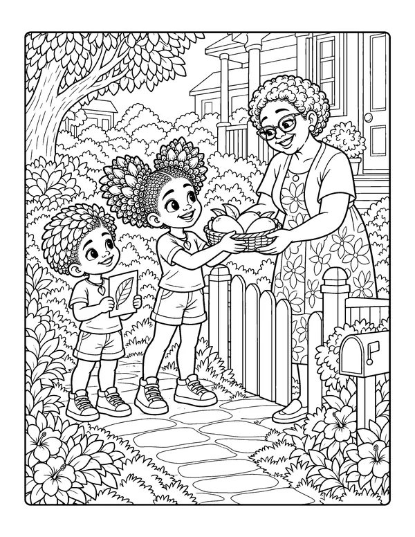 Coloring page: Ginger-O and Mang-O hand a bowl of fruit to a neighbor over the garden fence.