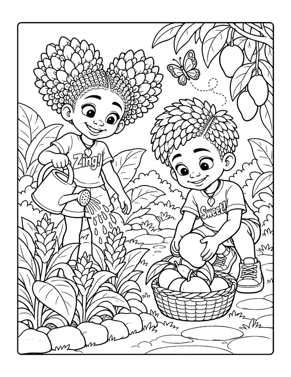 Coloring page: Ginger-O waters the ginger plants while Mang-O gathers mangoes in a basket.