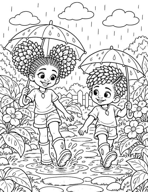 Coloring page: Ginger-O and Mang-O splash through puddles in the rain under umbrellas.