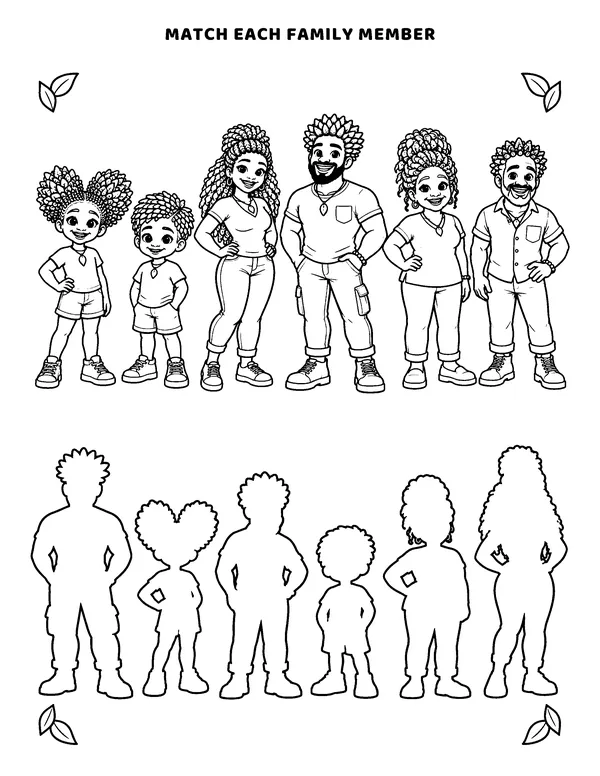 Activity page: match each of the six family members to a silhouette.