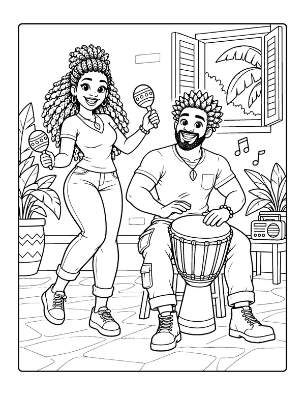 Coloring page: Mom shakes maracas while Dad plays a hand drum on the patio.