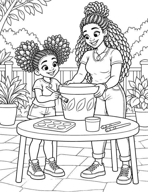 Coloring page: Mom and Ginger-O paint leaf shapes on a big flower pot.