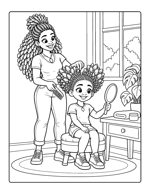 Coloring page: Mom styles Ginger-O’s hair while Ginger-O holds a hand mirror.