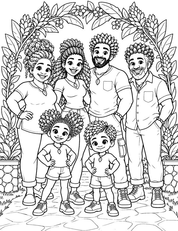 Coloring page: All six members of the Olé family stand together under a garden arch.