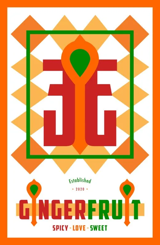 The 2020 GingerFruit poster with the GF monogram and the words Spicy, Love, Sweet.