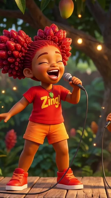 Ginger-O sings into a microphone on a wooden stage in the garden.