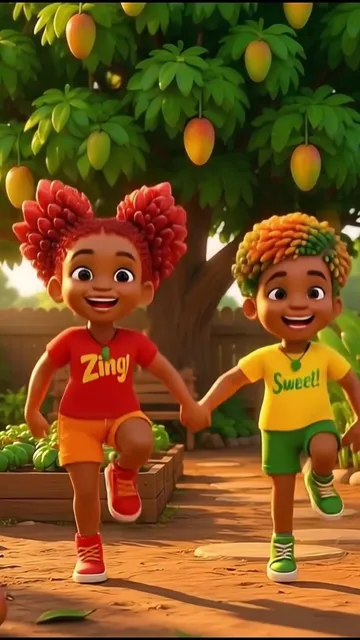 Ginger-O and Mang-O hold hands in the garden under the mango tree.