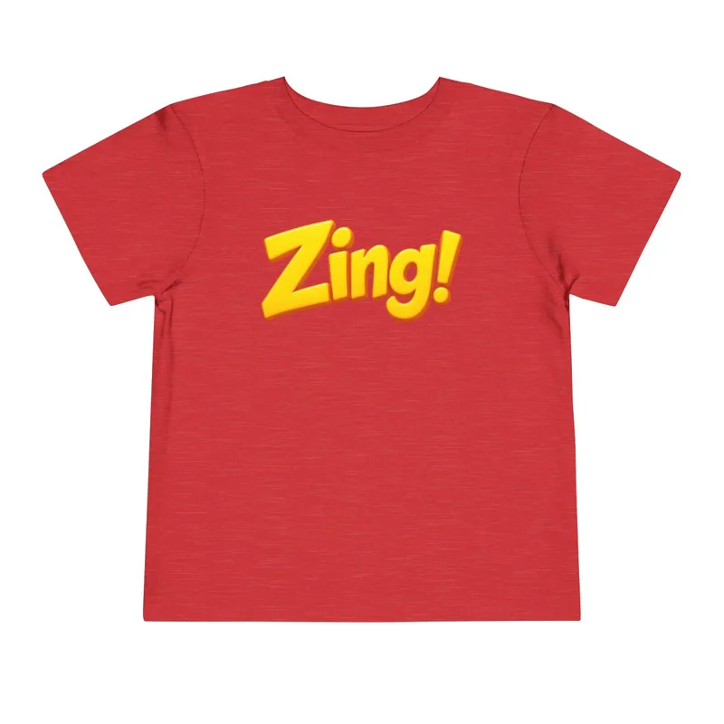 Zing! toddler tee: red heather with a yellow zing!, front view