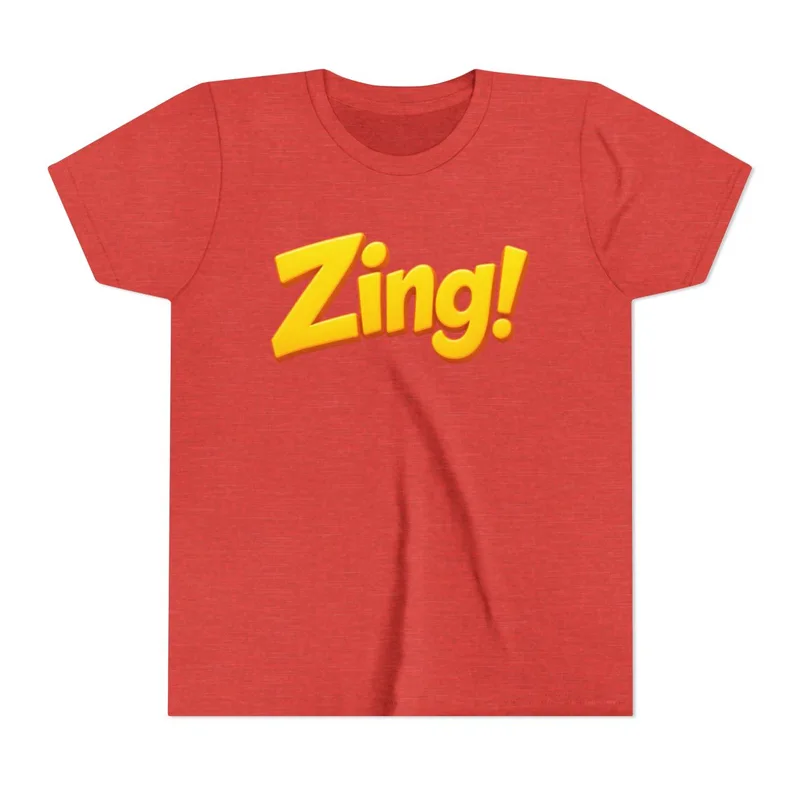 Zing! youth tee: red heather with a yellow zing!, front view