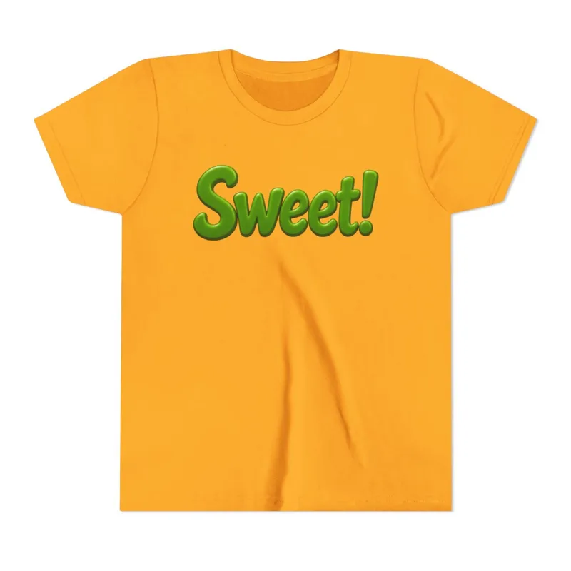 Sweet! youth tee: golden yellow with a green sweet!, front view